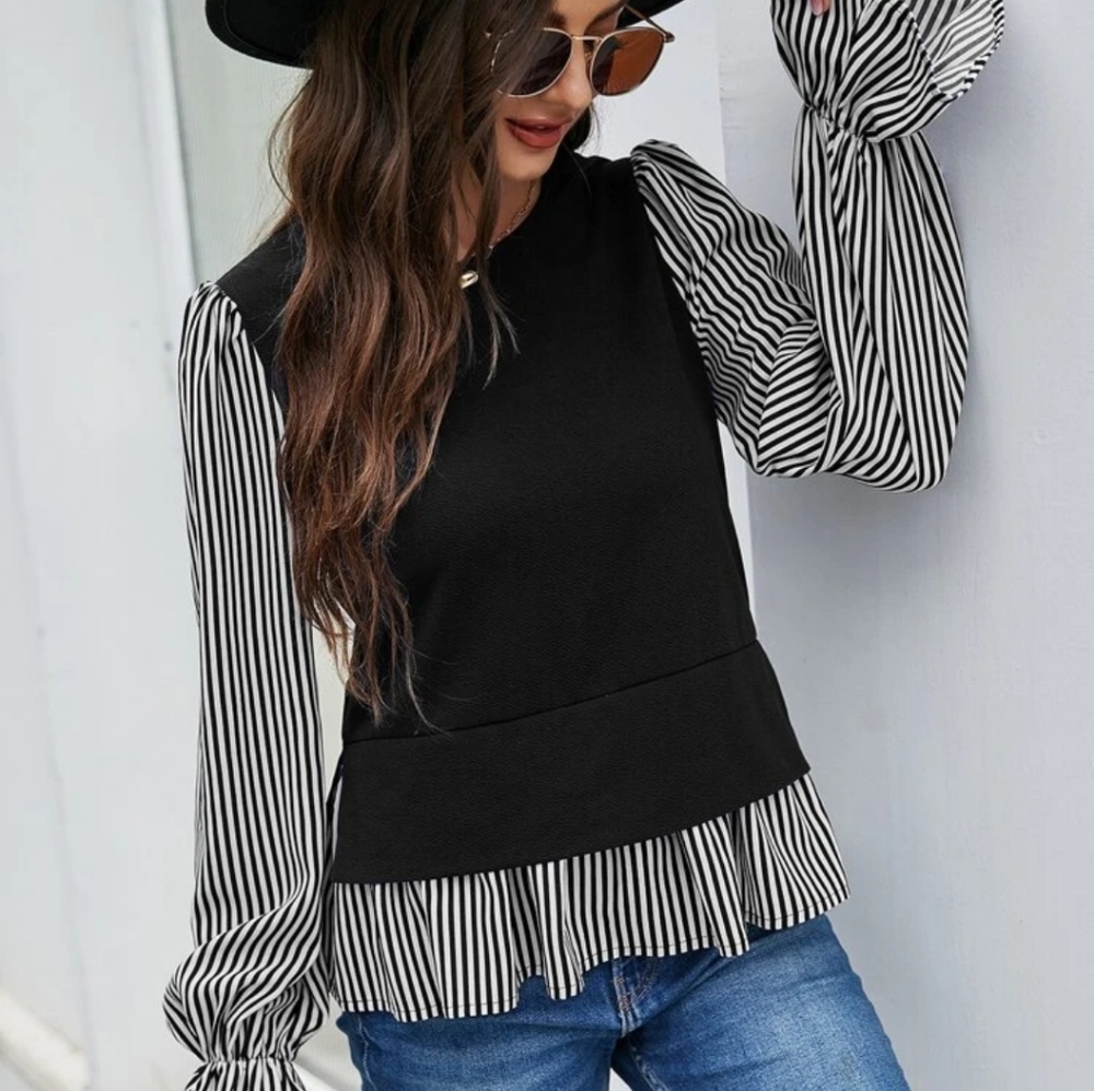 Black and white striped long sleeve top - Picture 3 of 4